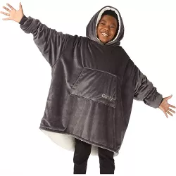 THE COMFY Original Jr Kids Oversized Microfiber Sherpa Wearable Blanket w/Plush Hood, Large Pocket, & Ribbed Sleeve Cuffs, 1 Size Fits All, Charcoal