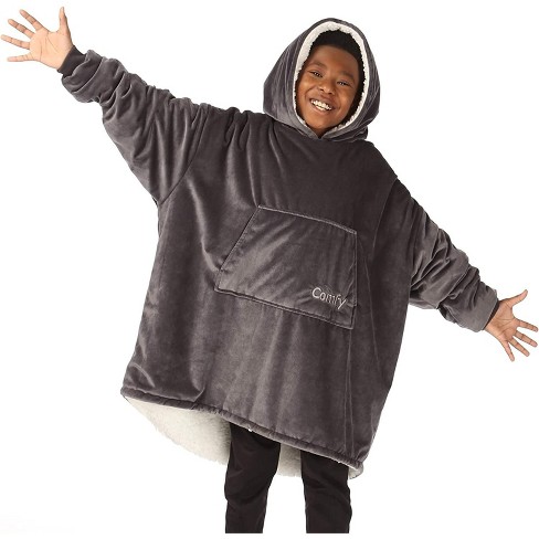 THE COMFY Original Jr Kids Oversized Microfiber Sherpa Wearable Blanket w/Plush Hood, Large Pocket, & Ribbed Sleeve Cuffs, 1 Size Fits All, Charcoal - image 1 of 3