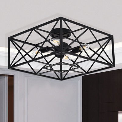 PAKOKULA Farmhouse 16.9 in. 4-Light Black Geometric Cage Semi-Flush Mount Ceiling Light
