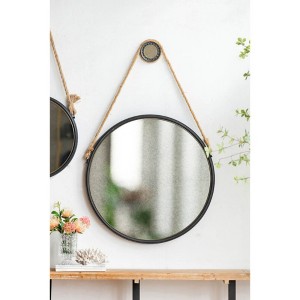 29.5" in On-trend Hanging Round Mirror with Black Framed and with Rope Strap Contemporary Industrial Decor for Bathroom, Bedroom, or Living Space - 1 of 4
