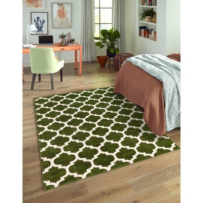 Elegant Dark Green Trellis Synthetic Indoor Rug, Stain-Resistant and Washable