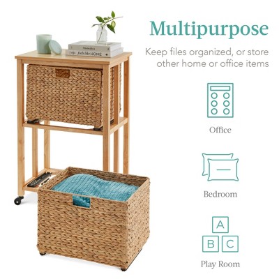 Natural Rubberwood Vertical Rolling File Cabinet with Water Hyacinth Baskets
