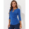 INSPIRE CHIC Women's Keyhole Neck Faux Wrap 3/4 Sleeve Ruched Cotton Blouse Top Shirts - 3 of 4