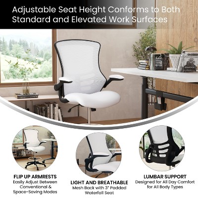 White Mesh and Leather Ergonomic Drafting Chair with Adjustable Arms