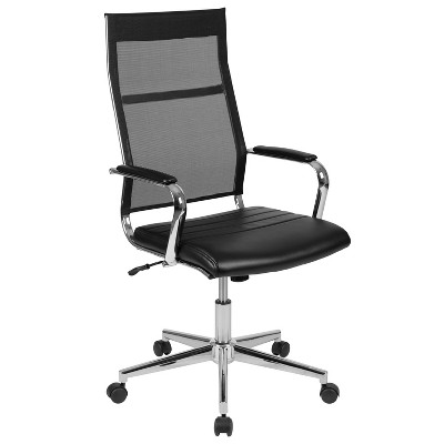 Merrick Lane Black High Mesh-Back Swivel Ergonomic Office Chair with Padded Chrome Arms and Rear Jacket Bar and Faux Leather Seat