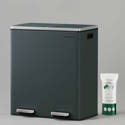 Trash Can, 16 Gallon (60 L) Garbage Can for Kitchen, with 15 Trash Bags, 2 Compartments, Plastic Inner Buckets and Hinged Lids, Airtight