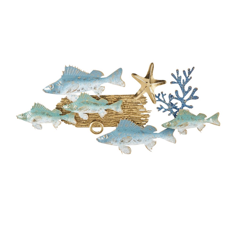 Photos - Wallpaper 19"x40" Metal Fish Wall Decor with Gold Accents Blue - Olivia & May