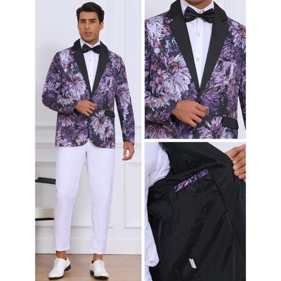 INSPIRE CHIC Men's Single Button Notch Lapel Prom Flower Print Suit Jacket Medium Purple Black — фото 4