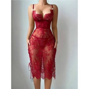 Clotth Women's Lace Teddy Bodysuit - Sheer Cute Babydoll with Underpants, Strappy Lingerie Dress with Underwire - 1 of 4