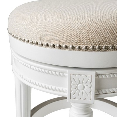 Alabaster White Swivel Backless Bar Stool with Hand-Carved Wood