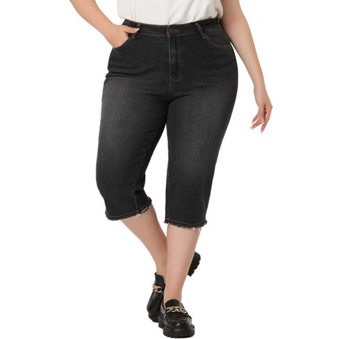 Agnes Orinda Women s Plus Size Fashion Denim Frayed Hem Washed Jeans Capri Black 2x Target