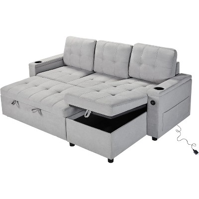 AMERLIFE Sleeper Sofa with USB Charging Port, Cup Holders& Storage Chaise
