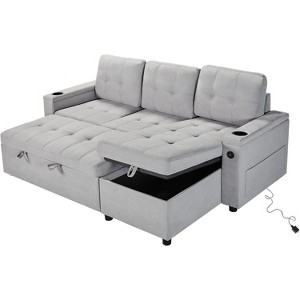 AMERLIFE Sleeper Sofa with USB Charging Port, Cup Holders& Storage Chaise - 1 of 4