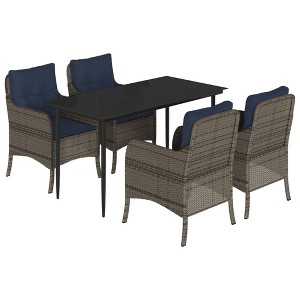 vidaXL 5-Piece Patio Dining Set - Gray Poly Rattan with Navy Blue Cushions, Tempered Glass Table, and Powder-Coated Steel Frame - 1 of 4