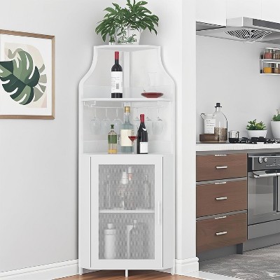 Homfan 5-Tier Corner Bar Cabinet with Lights, Adjustable Shelves & Glass Doors - Home Liquor Wine Display