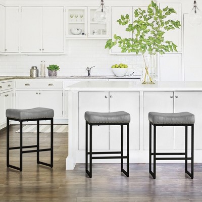 Arceso Counter Height Bar Stools, 24" Square SaddleBarstools Set of 3, Modern Backless FauxLeather Counter Stool for Kitchen lsland Counter, Home Bar