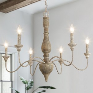 LNC Andromeda 6-Lights 29.5" Farmhouse/Shabby Chic Large Candle Chandelier for Dining Room,Distressed White Wood - 1 of 4