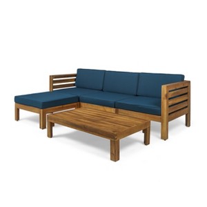 GDFStudio Cavendish Outdoor Acacia Wood 3 Seater Sofa Chat Set with Ottoman - 1 of 4