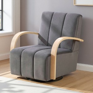 30.3" PU Swivel Armchair with Wood Armrests and Tufted Design - 1 of 4