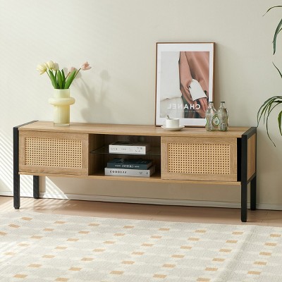 KTMBDW Mid Century Coffee Table with Storage, Accent Center Tables with Sliding PE Rattan Woven Door Panel,Suitable for Living Room,Apartment