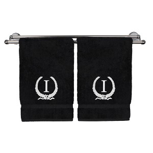 BC BARE COTTON Monogrammed Hand Towel, 100% Turkish Cotton - Set of 2 - Black - White Wreath - 1 of 4