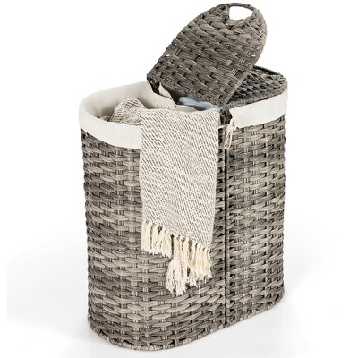 Costway Handwoven Laundry Hamper Laundry Basket w/2 Removable Liner Bags Grey