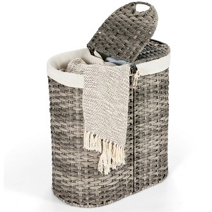 Costway Handwoven Laundry Hamper Laundry Basket w/2 Removable Liner Bags Brown/Grey - 1 of 4