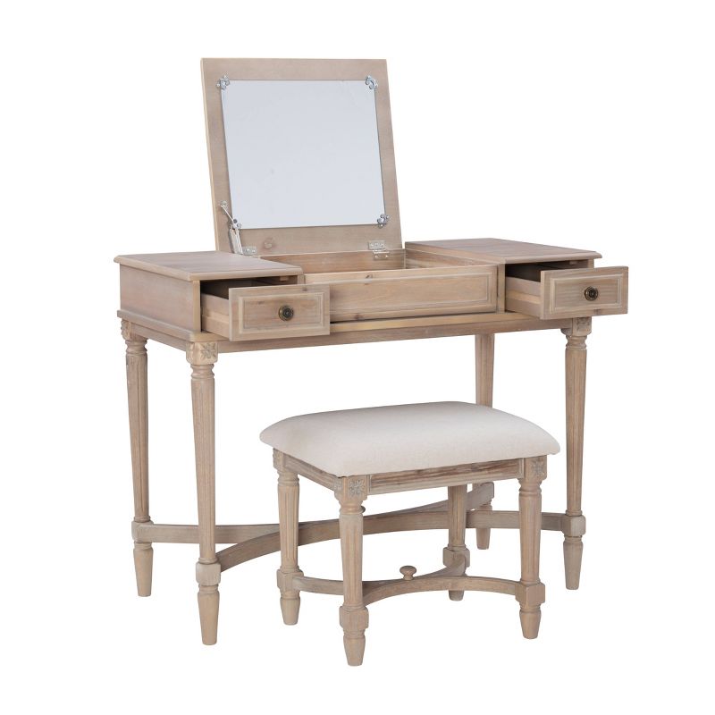 Cyndi Traditional Washed Wood Flip Up Mirror 2 Drawer Vanity and Upholstered Stool Gray - Linon, 6 of 20