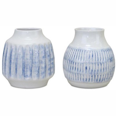HomeRoots Set of Two White and Blue Ceramic Striped Round Table Vase