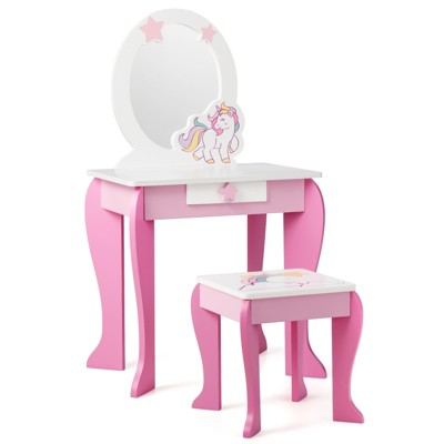 Tangkula 2-in-1 Kids Vanity Set Makeup Table & Chair Set for Toddlers w/Detachable Mirror Pink/White