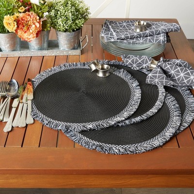 Black Round Fringed Woven Plastic Placemat Set of 6