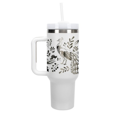Elanze Designs Peacock Bird Flower Garden 40 oz. Stainless Steel, Large Water Bottle Coffee Mug, Spill & Leak Resistant, Thermal Travel Tumbler with