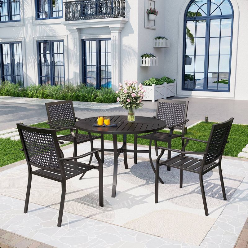 5pc Outdoor Dining Set with Metal Slat Round Table with Umbrella Hole - Captiva Designs, 1 of 14