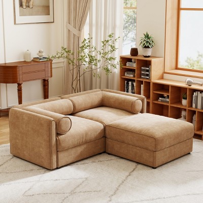 Stylish Chenille 2-Seater Sofa with Ottoman Storage , Cylindrical Backrest and Armrests, Modern Loveseat Hidden Storage Space-Tanpinhause