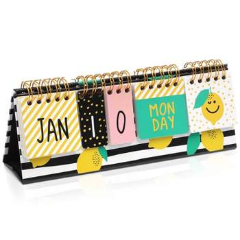 Paper Junkie Lemon Perpetual Flip Calendar for Office Desktop, Classroom Supplies, Desk Calendar with Day, Date, Month Display for Home Decor, 8x3.5"