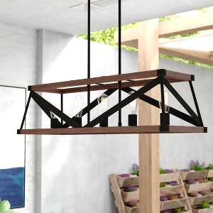 VAXCEL Wade 5L Black and Wood Rustic Cage Linear Chandelier Island Pendant Light Fixture - 1 of 4