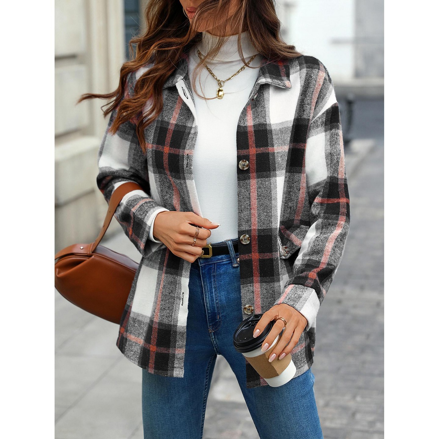 Женские кардиганы YesFashion Plaid Long Sleeve Fall Casual Collared Midi Length Cardigan Coat Button Down Jacket Winter Outerwear Top Shirt Black, цвет: Чёрный — фото 4