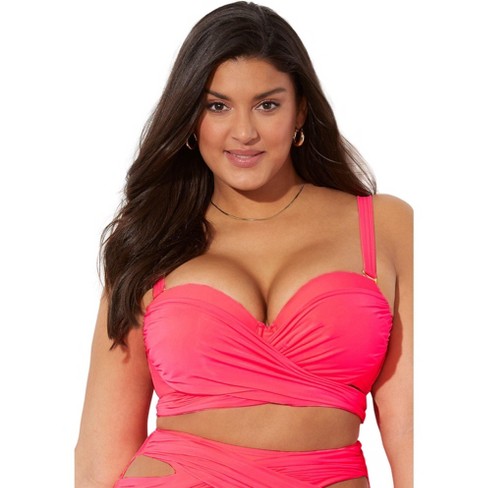 Swimsuits for All Women's Plus Size Crisscross Cup Sized Wrap Underwire  Bikini Top - 16 E/F, Pink