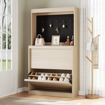 Garvee Shoe Cabinet with 2 Flip Drawers, Freestanding Shoe Storage with Pegboard, Wooden Shoe Organizer Cabinet, Hidden Shoe Rack for Hallway,Natural