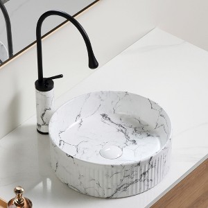 SEVOBAL Bathroom Sinks Round Vessel Black White Marble Ceramic Basin Modern Above Counter Design for Vanity, White, 20.5"*18.9"*12.1" - 1 of 4