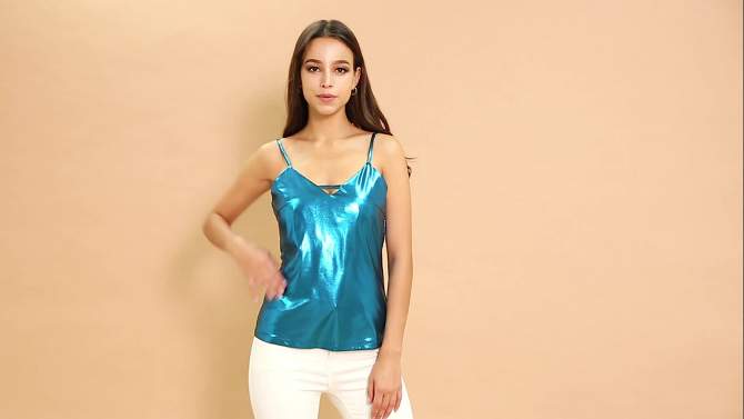 Allegra K Women's Metallic Shiny Party Deep-V Cut-Out Adjustable Straps Camisole Tank Top, 2 of 8, play video