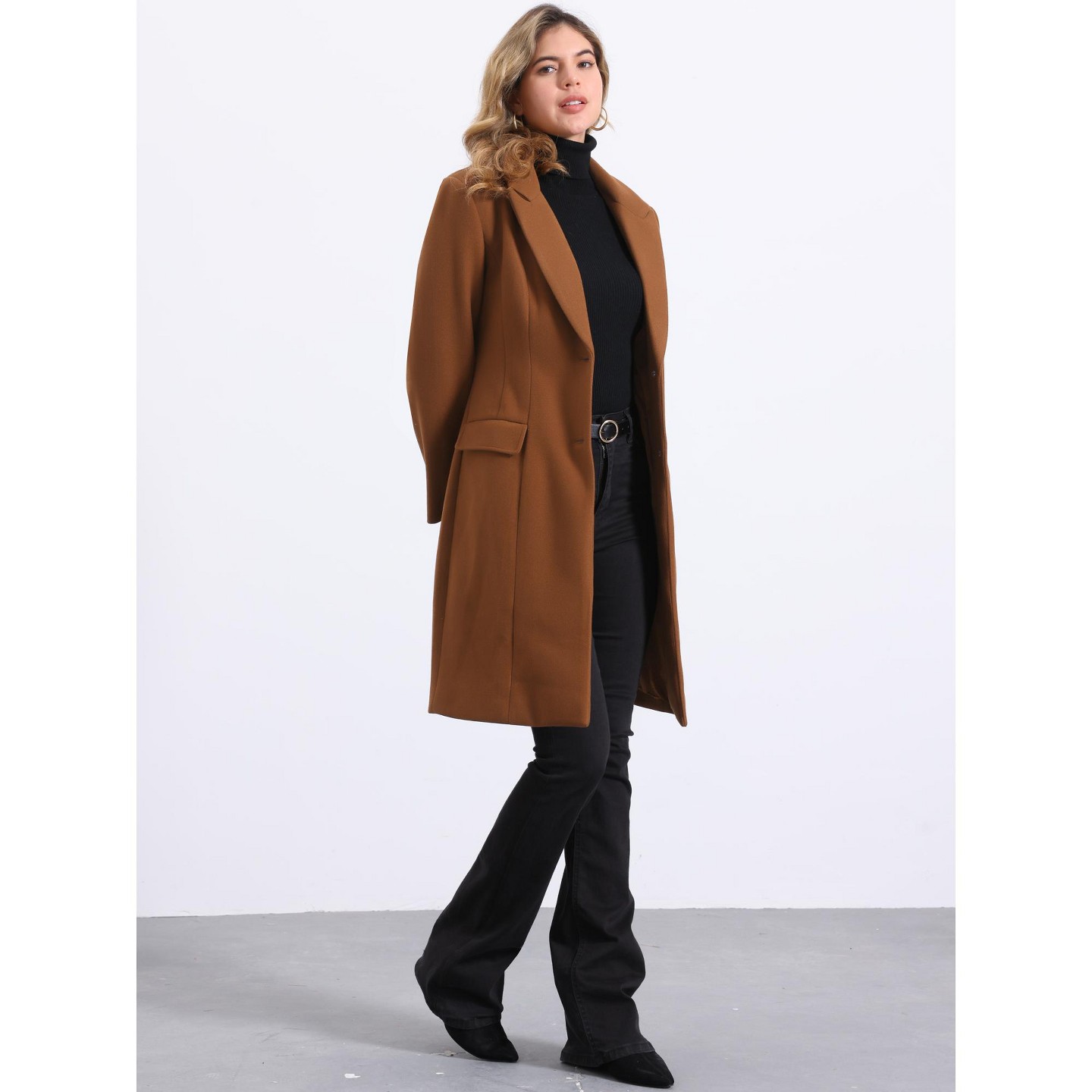Женская куртка Allegra K Winter Notch Lapel Mid-Long Single-Breasted Overcoat Pea Coats X-Small Brown, цвет: Коричневый — фото 4