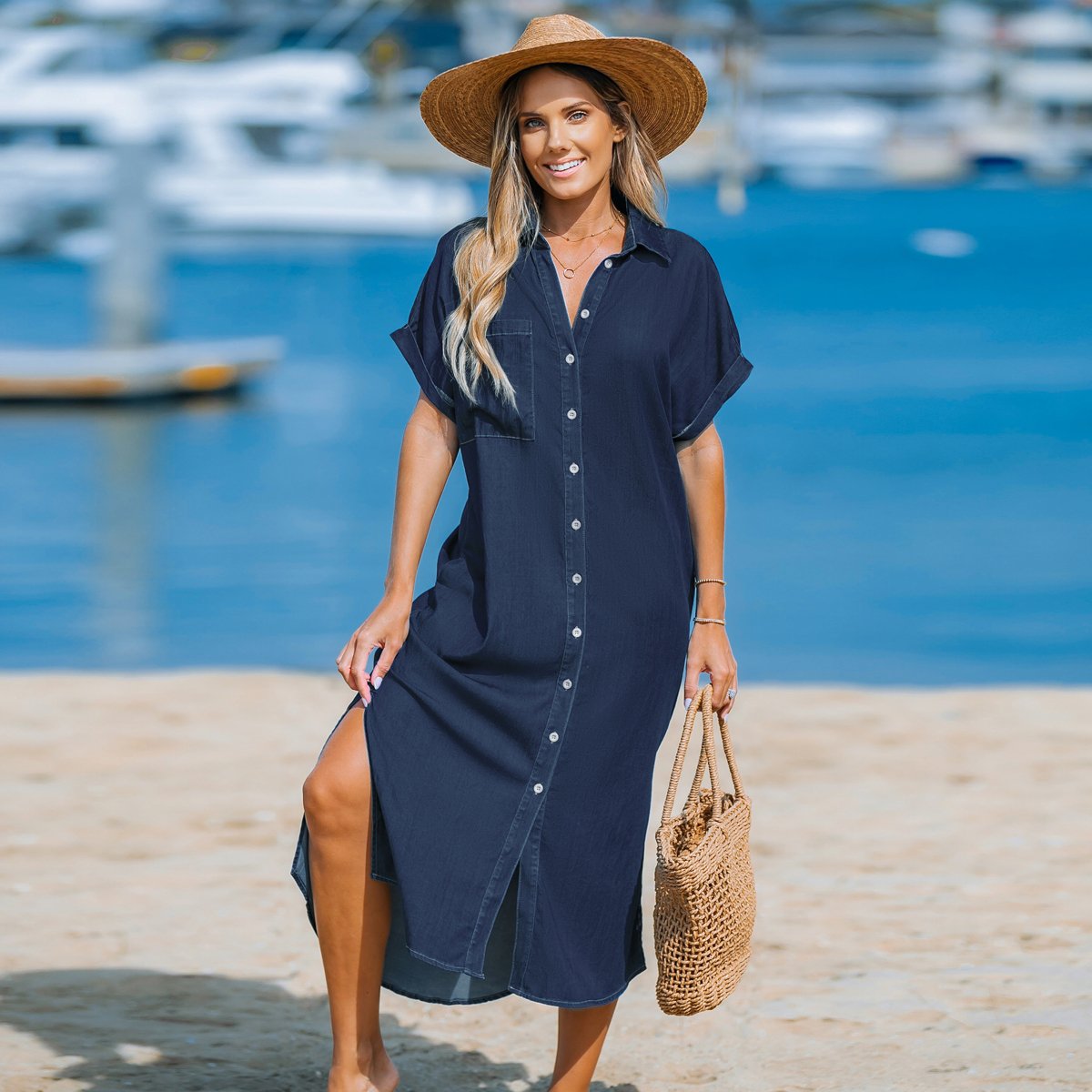 Женские платья Cupshe Women's Denim Button Front Side Slit Shirt Midi Dress -Cupshe-S-Navy — фото 4