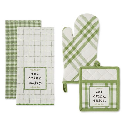 Design Imports  Home Sweet Farmhouse Oven Mitt, Potholder And Dishtowel Kitchen Set 4 Piece, Antique Green