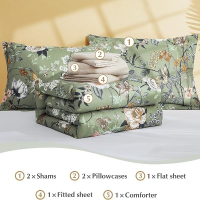 Der Rose BALHAM TRADE-Queen Size 7 Pieces Bedding Sets All Seasons Botanical Butterfly Comforter Sheets Green Butterfly&floral-Queen 90"x90" — фото 2