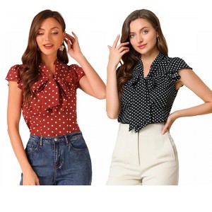 INSPIRE CHIC Women's Polka Dots Tie V Neck Flutter Cap Sleeve Blouse 2 Packs - 1 of 4
