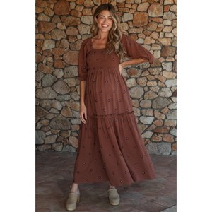 Pinkblush Brown Floral Smocked Puff Sleeve Maternity Maxi Dress - 1 of 4