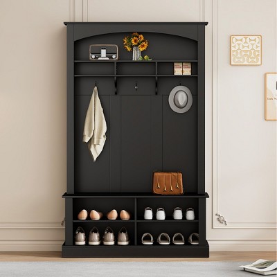 Multifunctional Hall Tree With 2 Adjustable Shelves, 3 Hooks, Open Storage Space, Shoe Cabinet 47.2'' Wide Entryway Bench