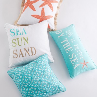 Bakio Coral and White Embroidered Starfish Pillow with Fringe Trim