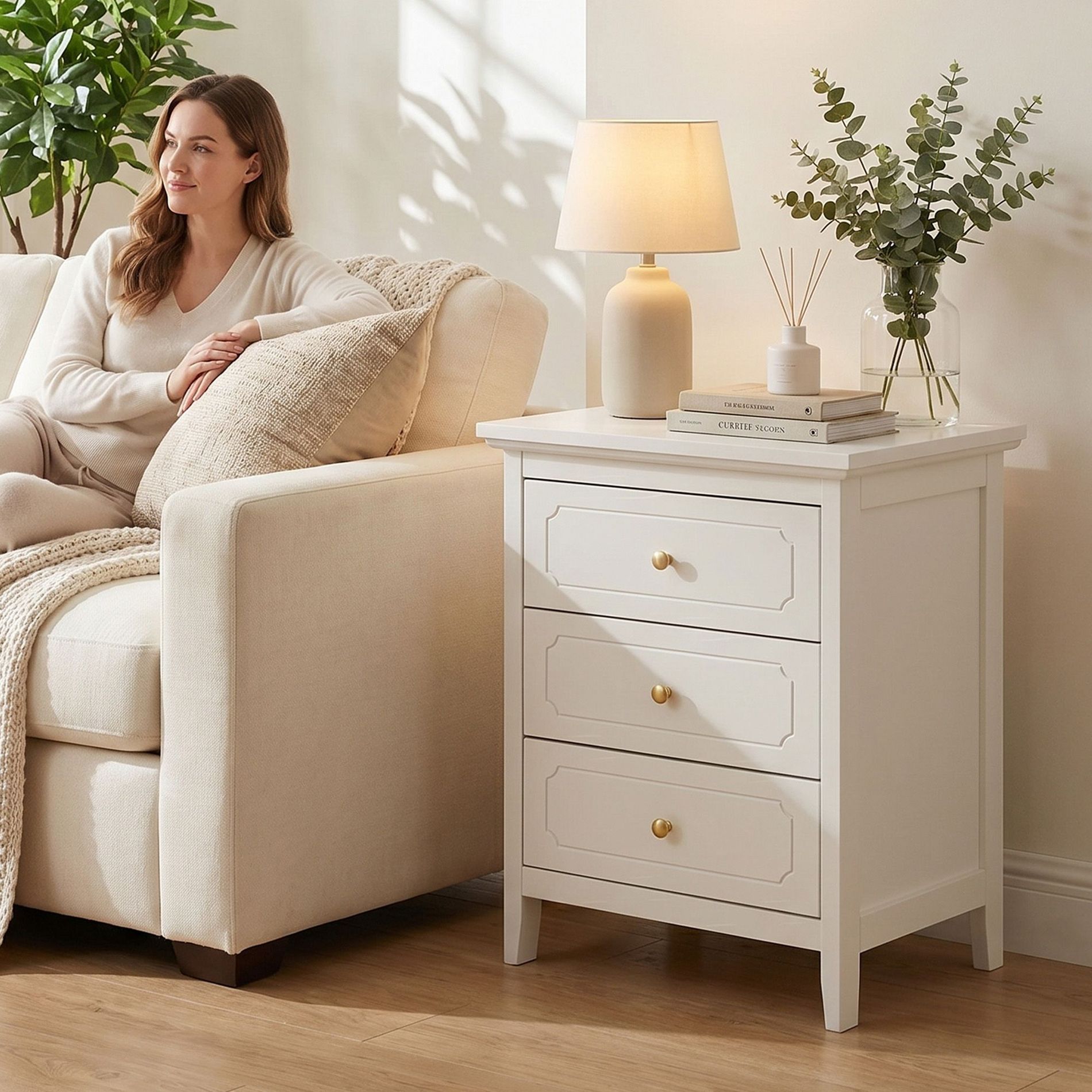 TYBOATLE White 3 Drawer Nightstand, Wood Night Stands Side Table With Extra-large Storage Space for Living Room, Bedroom